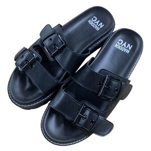 Madden NYC Black Double Buckle Slide Sandals Platform Lug Sole Shoes Women's 7.5